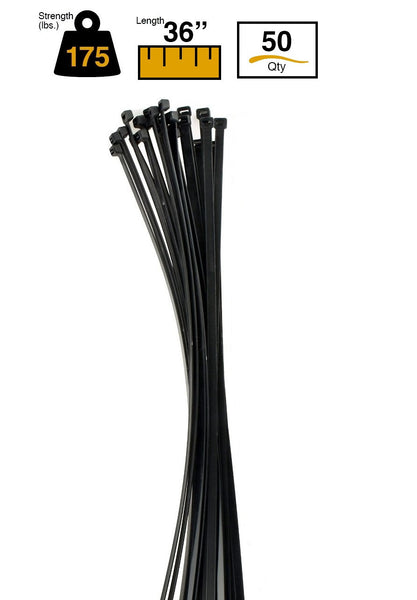 BCT 36 Inch 175 lb Cable Ties - Heavy Duty Industrial/Home Use - Bag of 50 - UV Black - Zip Ties - Y361750L