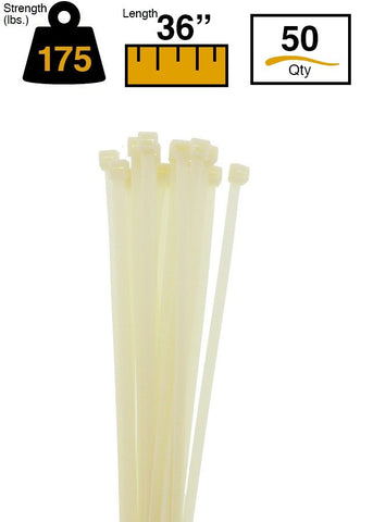 BCT 36 Inch 175 lb Cable Ties - Heavy Duty Industrial/Home Use - Bag of 50 - Natural - Zip Ties - Y361759L