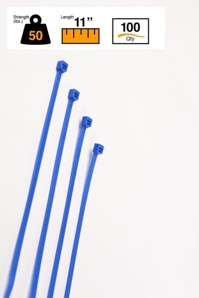 BCT 11 inch 50 lb Indoor Cable Ties - Medium Industrial/Home Use - Bag of 100 - Blue Zip Ties - Y11506C